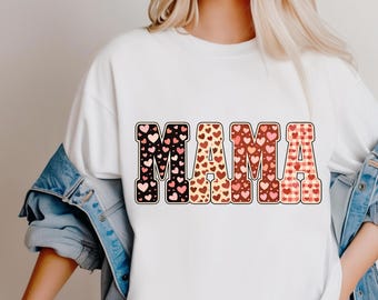 Mama Heart Patchwork PNG, Valentine Mama Western Style, Cute Heart Typography Design, Mom Shirt Graphic, Digital Download