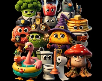 Funny 3D Cartoon Characters PNG, Cute Quirky Food Animal Illustration, Colorful Digital Download, Playful PNG for T Shirt Print