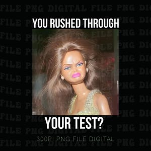May include: A meme featuring a doll with a displeased expression. The text overlay reads "YOU RUSHED THROUGH YOUR TEST?" in white font. The doll has brown hair, blue eye shadow, and pink lipstick.