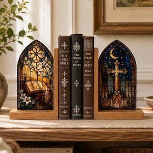 Cross Stained Glass Bookends Peace Dove Bible Book Holder Gothic Church Bookshelf Decor Christian Gift