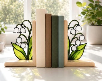 Sujetalibros de vidrieras con lirios del valle, diseño floral verde, ideal para estanterías o como regalo para amantes de los libros. Decoración para rincones de lectura.