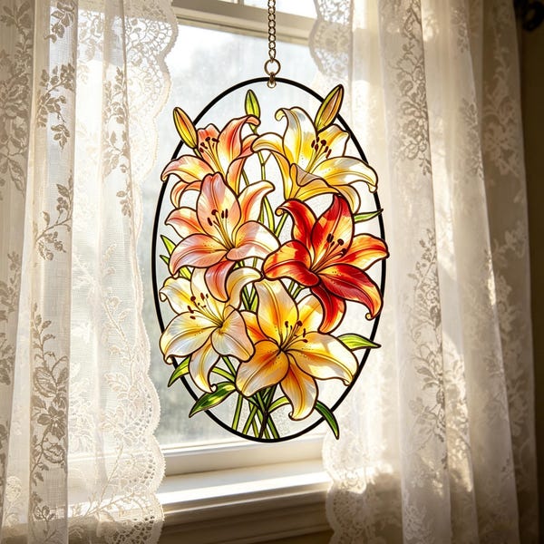 Bunter Lilien-Buntglas-Sonnenfänger - ovale Blumenfensterdeko, Boho-Chic-Akzent für Schlafzimmer und Küche