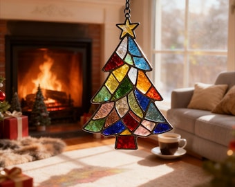 Handgefertigter Buntglas-Weihnachtsbaum-Suncatcher, Fenster- und Wanddekor für Urlaubsszenen, Glasmuster