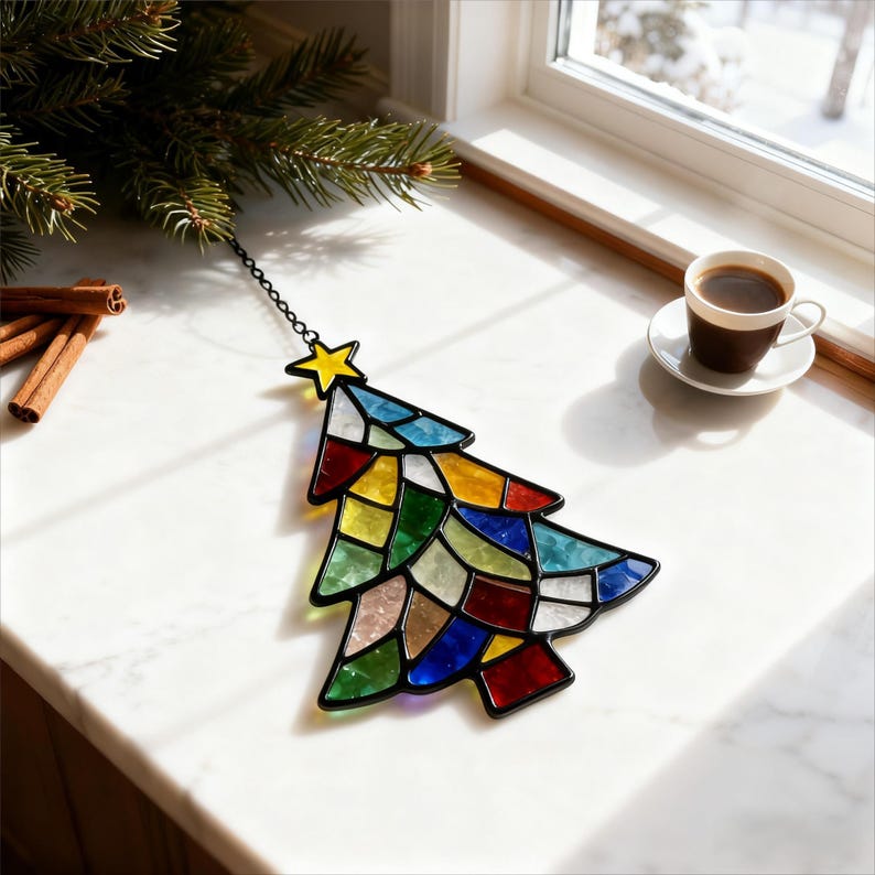 Atrapasol de vitrales de árbol de Navidad, decoración navideña, arte para ventanas, regalo hecho a mano, decoración moderna para el hogar