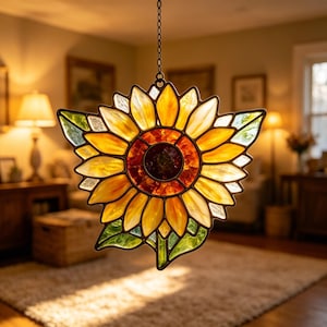 Sunflower Stained Glass Style Suncatcher - Vibrant Floral Window Hanging, Garden Decor Gift for Sunflower Lovers