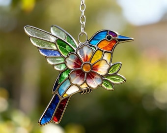 Hummingbird with Flower Stained Glass Style Window Hanging - Bright Floral Bird Suncatcher, Thoughtful Gift for Nature Lovers