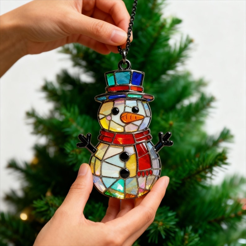 Handmade Stained Glass Snowman Suncatcher, Colorful Mosaic Christmas ...