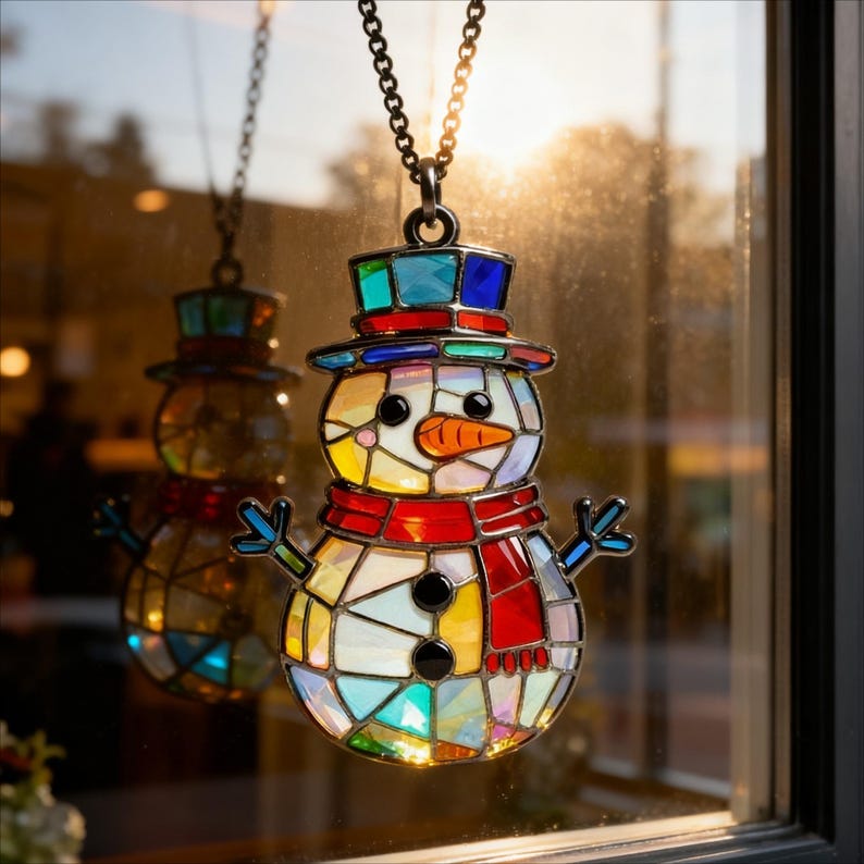 Handmade Stained Glass Snowman Suncatcher, Colorful Mosaic Christmas ...