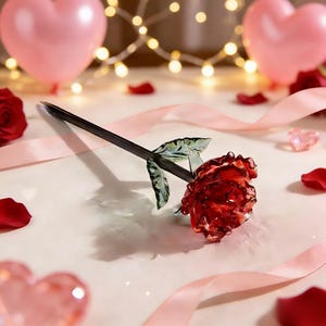 Peut inclure: Une rose en verre fabriquée à la main, avec une fleur rouge foncé et des feuilles vertes. La tige est noire. Des ballons et rubans roses en forme de cœur, ainsi que des pétales de rose épars, créent un cadre romantique. Des lumières décoratives sont en arrière-plan.