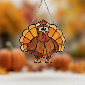 May include: A stained glass turkey decoration with a chain for hanging. The turkey has a brown body, orange and yellow tail feathers, and a red wattle. The background is blurred with fall colors and pumpkins.