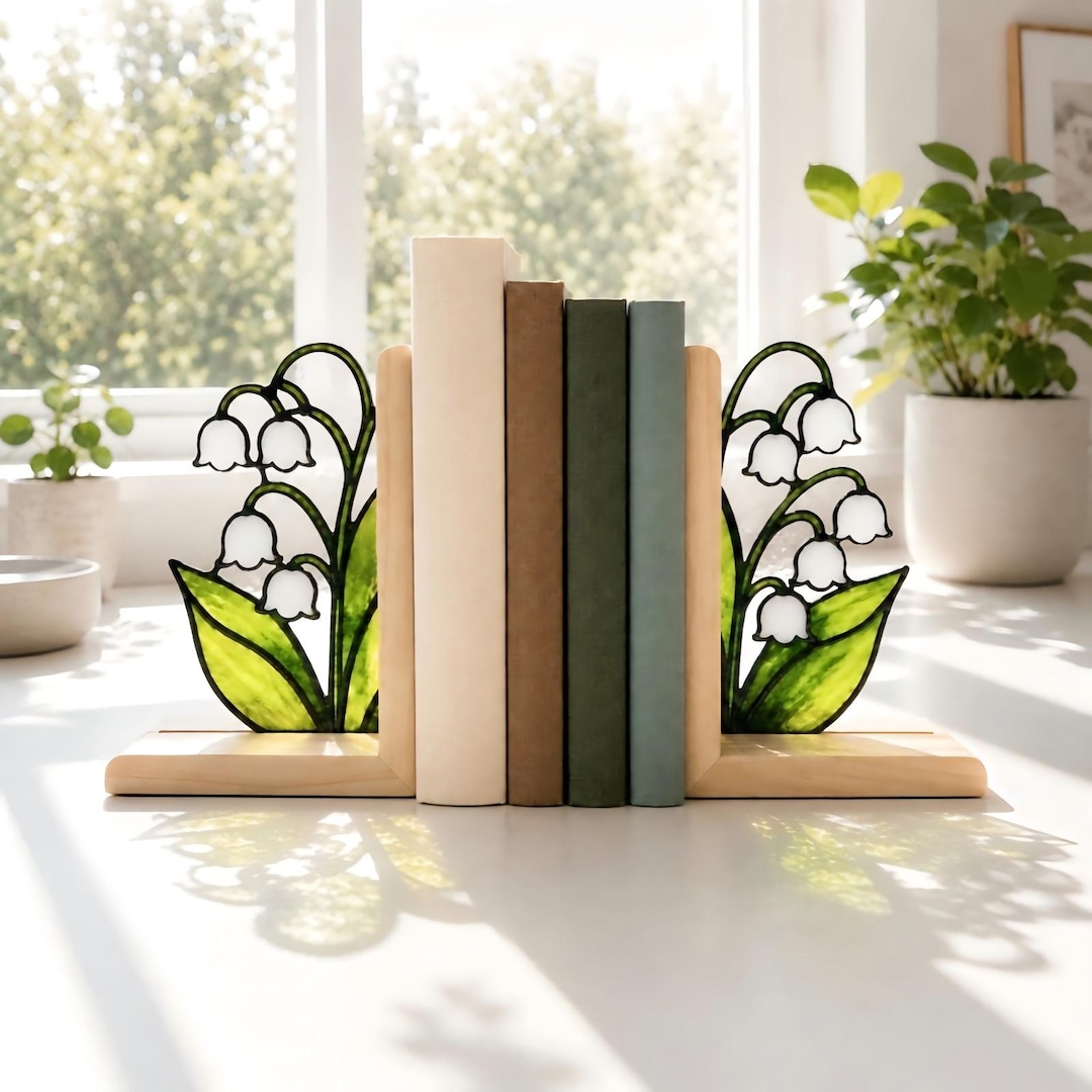Lily of the Valley Stained Glass Bookends Green Floral Glass Book Floral Bookshelf Decor B