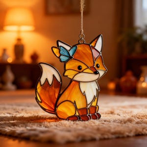 Handgemaakte geschilderde glazen vos zonnevanger met blauwe vlinder, schattig bosdier raamdecoratie en cadeau voor natuurliefhebbers, raamhanger