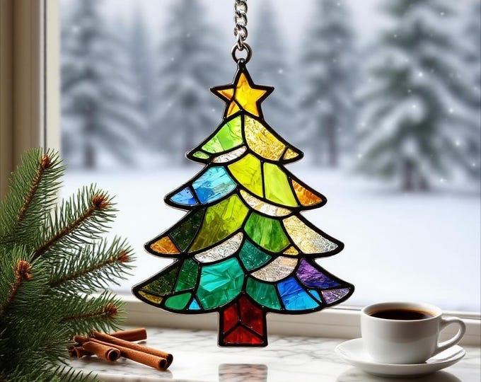 Christmas Tree Stained Glass Suncatcher, Holiday Decor, Window Art, handmade gift, modern home decor