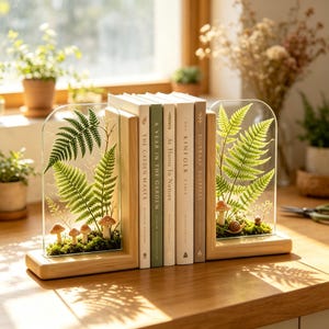 Buchstützen mit Waldfarn- und Pilzmotiven, verspielte Schreibtischdekoration im Waldstil