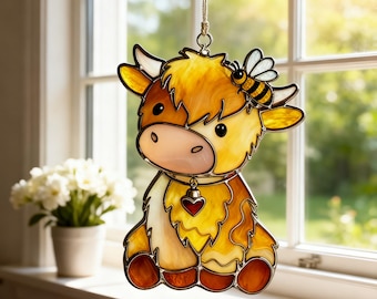 Atrapasol artesanal de vitral con forma de vaca de las Highlands y abeja. Adorable decoración de ventana con forma de animal de granja. Ideal como regalo para el hogar campestre. Decoración de pared o colgante para ventana.