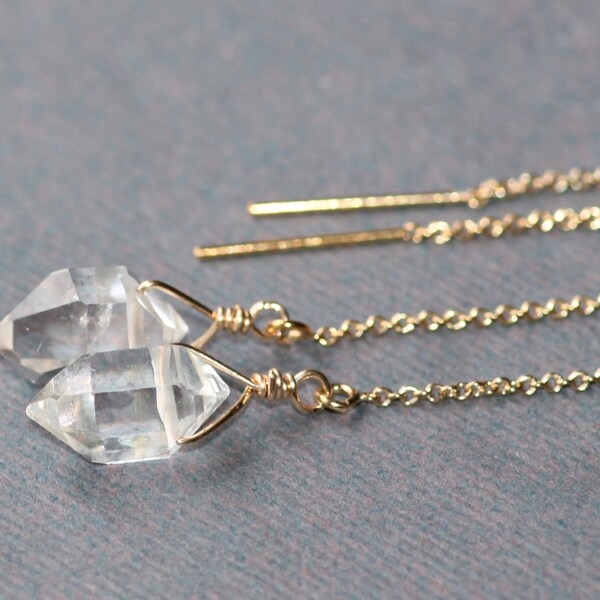 GENUINE Herkimer Diamond Gold Earrings,14K Gold Filled Threader Earrings,Double Terminated Quartz Clear Gemstone,Clear Quartz Drop Earring