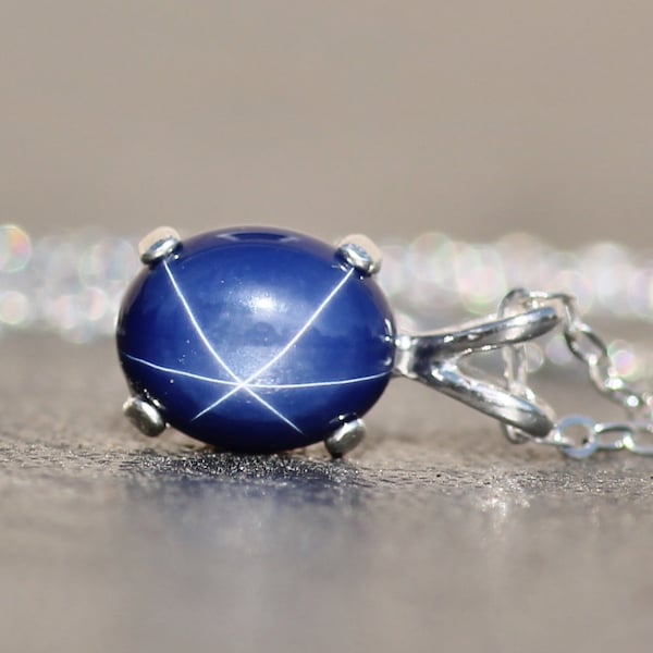 STUNNING Star Sapphire Pendant Necklace,Small Sterling Silver Oval Pendant Necklace,Blue Sapphire,Birthstone Jewelry,Dainty Gift,Dark Blue