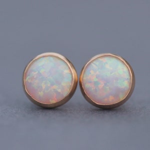 NEW Lab Created Opal Gemstone Earrings,Small White Opal Stud,Gemstone Post Stud,Gold Filled Bezel Earrings,8mm Stud,October Birthstone,Gift