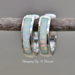 NEW Tiny White Opal Hoop Earrings,Silver Huggie Hoop,White Lab Created Opal Gemstone,Hinged Gemstone Hoop,Pastel Rainbow Opal,Inlaid Inlay