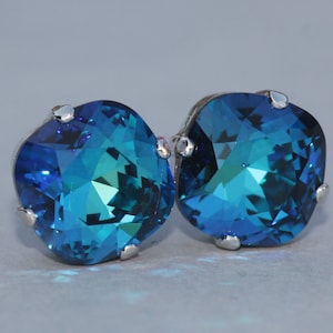 Swarovski Bermuda azul cojín Rhinestone Stud, pendientes Swarovski Stud, verde azul, poste cuadrado redondeado, plata, oro, damas de honor, bodas