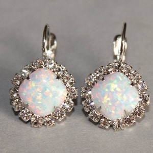 White Opal Cushion Rhinestone Halo Earring,Swarovski Rhinestone & Lab Created Opal Earring,Wedding,October Birthstone,Genuine Opal,Drop,Gift