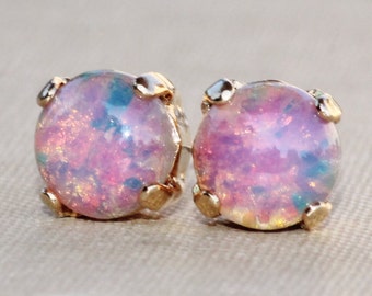 SMALL Pink Fire Opal Studs, Vintage Glass Fire Opal Post Earrings,Dainty Petite Pink Opal Stud,8mm Round,Harlequin Opal,October Birthstone