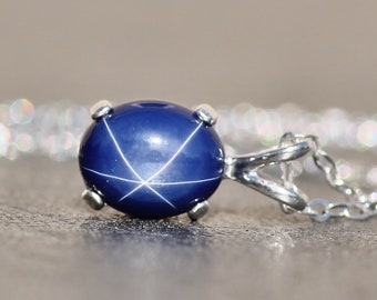 STUNNING Star Sapphire Pendant Necklace,Small Sterling Silver Oval Pendant Necklace,Blue Sapphire,Birthstone Jewelry,Dainty Gift,Dark Blue