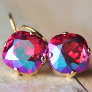 NEW Fuchsia Glacier Blue Swarovski Cushion Earring,Lever Back,Rhinestone Crystal Drop Earring,Hot Bright Pink,Gold Lever Back,Antique Square