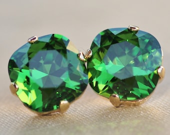 NEW COLOR,Swarovski Fern Kelly Green Cushion Stud Earring,Swarovski Rhinestone Stud Earring,Large 12mm Stud,Bridesmaids,Everyday,Womens,Gift