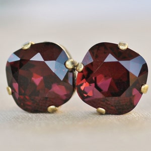 NEW COLOR Burgundy Bordeaux Maroon Cushion Stud,Swarovski Rhinestone Stud Post,Burgundy Eggplant,12mm Large Stud,Swarovski Crystal,Weddings