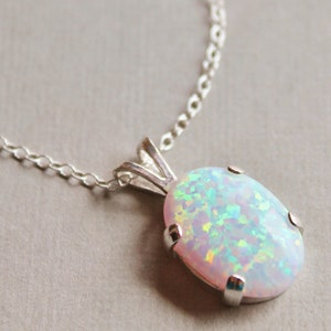 Opal Necklace,Lab Created Australian Opal Gemstone Necklace,Opal Pendant,White Opal,Sterling Silver,Opal Jewelry,Birthstone,Gemston