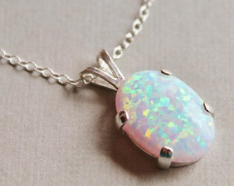 Opal Necklace,Lab Created Australian Opal Gemstone Necklace,Opal Pendant,White Opal,Sterling Silver,Opal Jewelry,Birthstone,Gemston