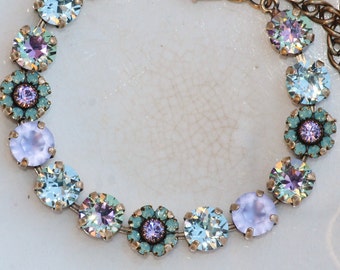 Swarovski Pacific Opal Lavender Matte Tennis Link Bracelet,8mm Bracelet,Embellished Flower Link,Unique,Aqua Blue Purple Rainbow