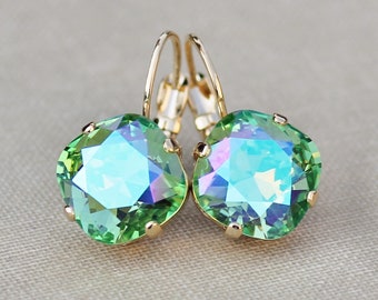 LIMITED Peridot Glacier Blue Cushion Earring,Swarovski Crystal Rhinestone Earring,Rounded Square,Gold Drop Earring,Bridal Bride,Gift