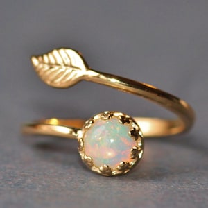 NEW Gold Welo Opal Leaf Ring,Adjustable Opal Ring,Genuine Ethiopian Welo Opal Band,Dainty,Delicate,Gemstone Ring,October Birthstone,Golden