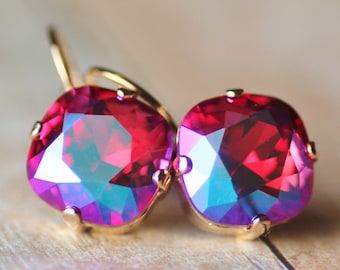 NEW Fuchsia Glacier Blue Swarovski Cushion Earring,Lever Back,Rhinestone Crystal Drop Earring,Hot Bright Pink,Gold Lever Back,Antique Square