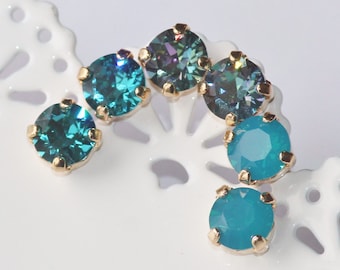NEW Blue Lagoon,Teal,Blue Opal Small Swarovski Stud,Opal Rhinestone Post Stud Earring,Bridesmaids,Set of Three,Gift Set,Casual,Everyday