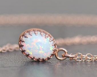 NEW Rose Gold White Opal Pendant Necklace,Dainty Small Lab Created Opal Necklace,Rose Gold Filled,Layering,Gift For Her,October Birthstone