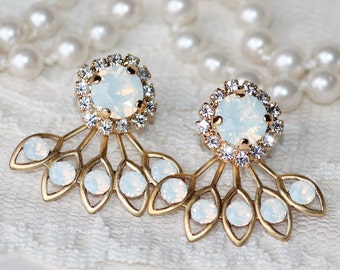 Swarovski White Opal Earring Jackets,Gold Stud Halo Earring Jacket,Rhinestone Crystal,Bridal Earrings,Gift For Her,Modern,Trendy,Unique