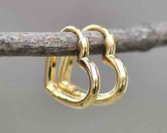 Small Gold Heart Hoop Earrings,Small Gold One Touch Hoops,Heart Shaped,Valentines Day Gift For Her,Unique,Huggie Hoop Earring,Small