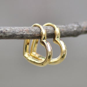 Small Gold Heart Hoop Earrings,Small Gold One Touch Hoops,Heart Shaped,Valentines Day Gift For Her,Unique,Huggie Hoop Earring,Small