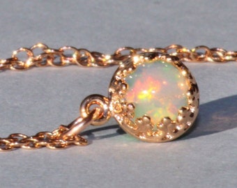 DAINTY Genuine Welo Opal Pendant,Small 6mm Ethiopian Opal Necklace,Rose Gold,Yellow Gold,Sterling Silver,October Birthstone,Minimalist Opal