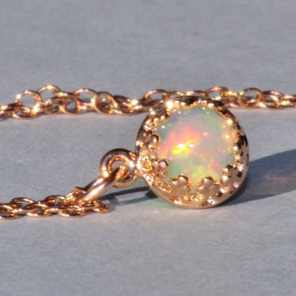 DAINTY Genuine Welo Opal Pendant,Small 6mm Ethiopian Opal Necklace,Rose Gold,Yellow Gold,Sterling Silver,October Birthstone,Minimalist Opal