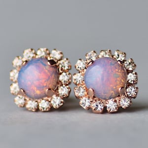 NEW Rose Gold Fire Opal Halo Stud Earrings,Rose Gold Crystal Halo,Stud Post,Petite,Pink Fire Opal,Harlequin Opal,Blush,Bridal,Bridesmaids