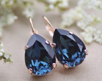 BRIDAL ROSE GoLD Montana Navy Blue Swarovski Crystal Earring,Large Teardrop Pear,Rose Gold Drop,Swarovski Rhinestone Dangle,Bride,Wedding