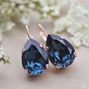 BRIDAL ROSE GoLD Montana Navy Blue Swarovski Crystal Earring,Large Teardrop Pear,Rose Gold Drop,Swarovski Rhinestone Dangle,Bride,Wedding