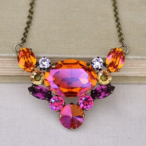 ALMOST GONE Swarovski Astral Pink Summer Blush Cluster Pendant,Purple Pink Orange Bright Crystal Necklace,Rhinestone,Unique,Layering,Bib