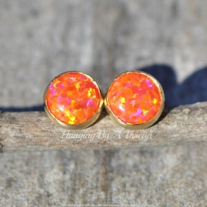 NEW COLOR Small 6mm Opal Stud,Orange Fiery Lab Created Opal Cabochon,Gold Filled Bezel Set Opal Stud Post,Gemstone Earring,Birthstone,Gift