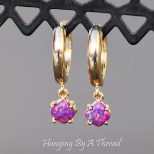 Tiny Purple Opal Huggie Hoops,Small Gold Opal Hoop,Purple Lab Created Opal Cushion Earrings,Rounded Square,Opal Gemstone,Gold Huggie Hoop