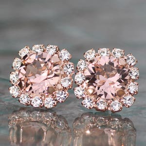 GORGEOUS Morganite Blush Pink Rose Gold Halo Stud Earrings,Rhinestone Halo Post,Dusky French Rose,Bridal,Bridesmaids,Rose Gold Wedding,Small